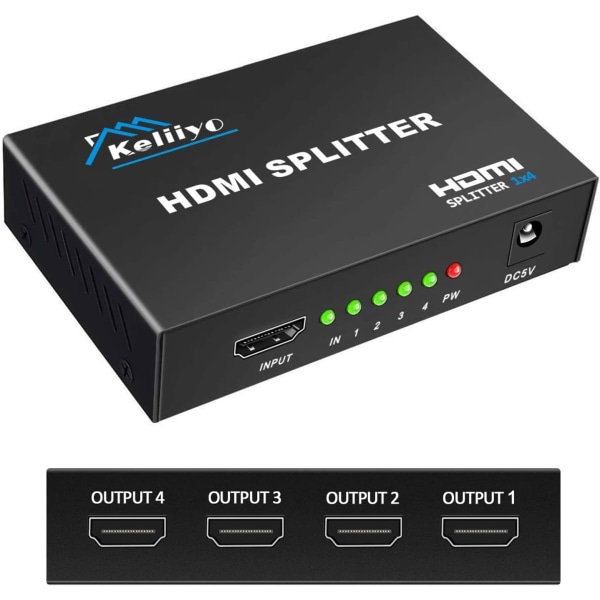 KIIYO HDMI Splitter 1X4 - V1.4b HDMI Splitter 1 In 4 Out Drivs av nätadapter, stöder 3D Full HD1080P 2Kx4K@30Hz Kompatibel med Xbox PS3 PS4 Fire
