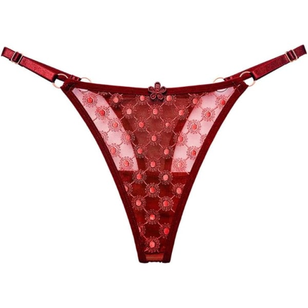 y Transparent Broderad Mesh Underkläder Kvinnor Trosa Bikini Sexig Cheeky String Genomskinlig Erotiska Kalsonger Onesize Vinröd22 En Storlek