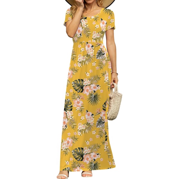 MOON Damklänning med korta ärmar, lång casual empire midjeklänning med fickor, gul blommig, X-Large