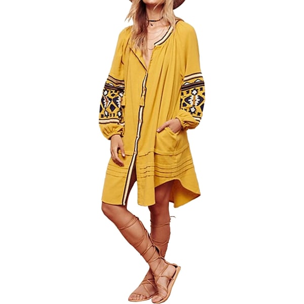 ivimos Dam höst långärmad broderi Oversized enkelknäppt knapp upp klänningar med fickor gul X-Large