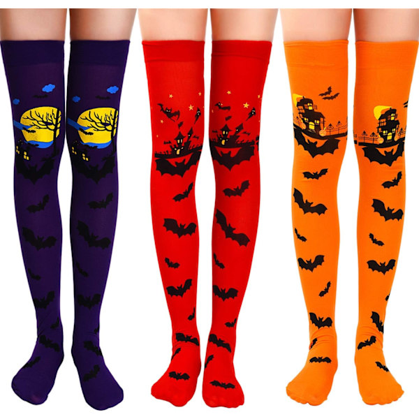 3 par Halloween höga långa strumpor över knästrumpor fladdermus skelett blodfläckstrumpor för kvinnor flickor festival cosplay gynna (färgset