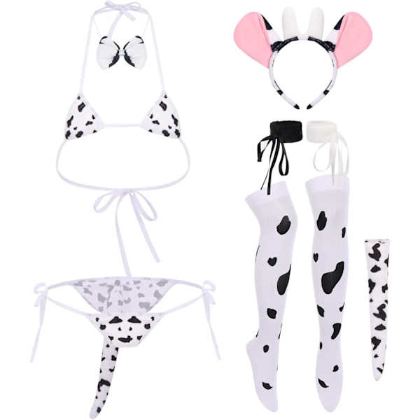 Sexig mjölkko-lingerie set Anime Maid Cosplay-dräkt Mini Bikini BH Body med klockhalsband Strumpor Outfit Ko-bikini set En storlek
