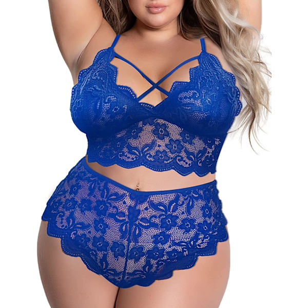 a Lust Plus Size Sexig Underkläder V-Ringning Hög Midja Blommig Spets Criss Cross BH och Trosor 2 Delar Set Ingen Bygel Allblue 4X-Large