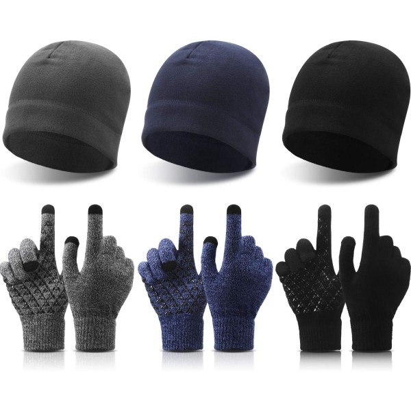 INIOR 6 ST Winter Warm Beanie Hat Fleece Cap och Touchscreen Thermal Anti-Slip Handskar Svart, Grå, Na