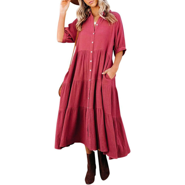 ivimos Dam Sommar Bomull Halv Ärmar Knapp Ned Casual Lös Slit Midi Klänning med Ficka Rost Röd X-Large