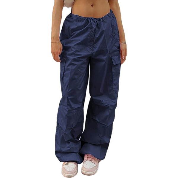 cy Parachute Byxor för Kvinnor Dragsko Baggy Cargo Byxor Y2K Byxor Låg Midja Jogger Sweatpants Lös Hip Hop A Mörkblå X-Large