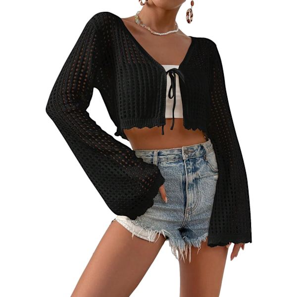 dusa Dam Bell Långärmad Tie Up Front Hollow Out Sheer Knit Crop Cardigan Svart Stor