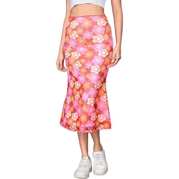 dusa Dam Lettucs Trim Hög Midja Mesh Fiskstjärt Bodycon Lång Kjol Rosa Blommig Stor
