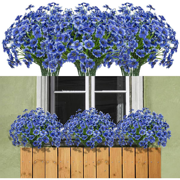 Buntar Konstgjorda Blommor Utomhus UV-Resistenta Falska Sidenväxter Plast Faux Buskar Utomhus Veranda Fönsterlåda Gard Blå