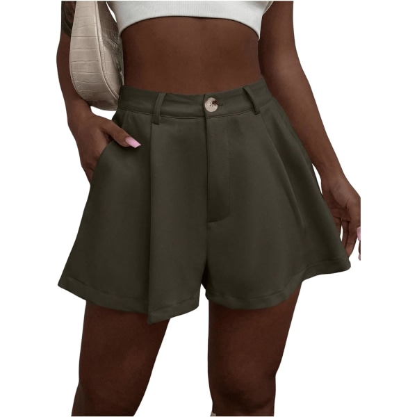dusa kvinnors elastiska hög midja, plisserade shorts med breda ben med ficka Army Green a X-Small