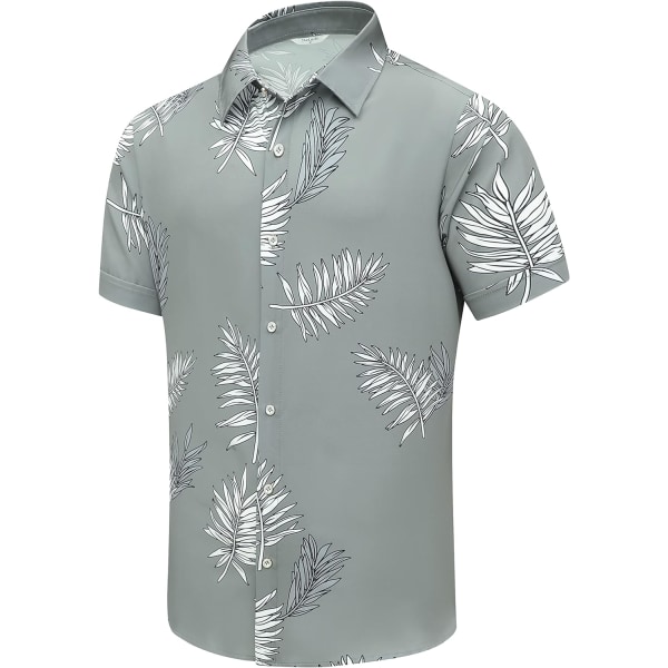 cki Hawaiian skjorta för män, unisex sommar strand casual kortärmad knapp ner skjortor, tryckt palmskugga kläder blad grå X-Large