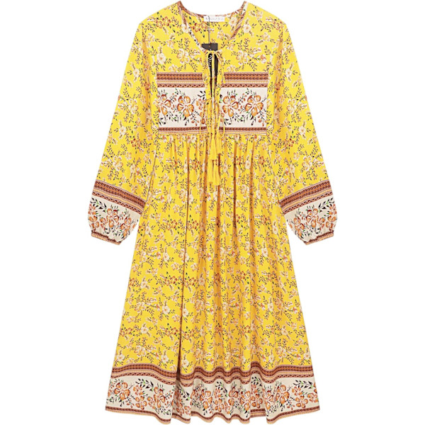 ivimos Dam långärmad blommig retro V-ringning tofs casual bohemisk midiklänningar mörk citron X-Small
