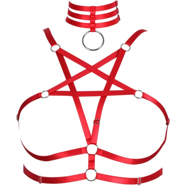 en's Body Harness Pentagram Fashion Bra lingerie cage Belt Plus Size Elastic Punk Gothic Carnival Halloween Dance Costum Röd