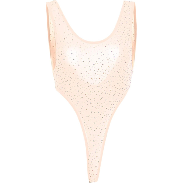 en's Rhinestones Bodysuit Sexy High Cut Thong Leotard Babydoll Teddy Thong Underwear Brazilian Bikini Lingerie Beige Beads One Size