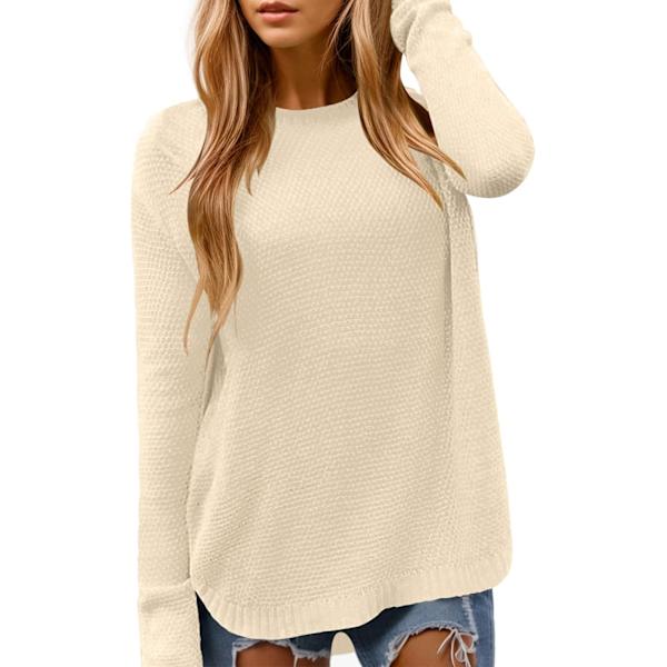 MOON Dam Crewneck Långärmad Stickad Tröja Lös Passform Mjuk Solid Pullover Beige X-Large