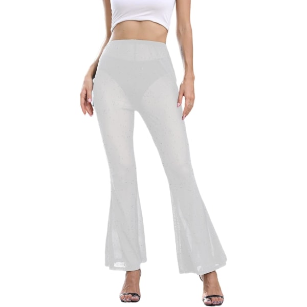 en Rave Sheer Mesh Shiny Pants Flared High Waist Bell Bottom Pants for Party Dance Festival White X-Small