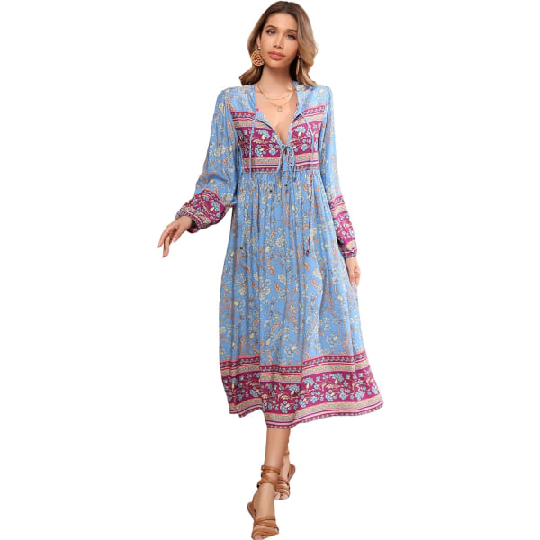 ivimos Dam långärmad blommig retro V-ringad tofs casual bohemisk midiklänningar Cyanblue#2 Large