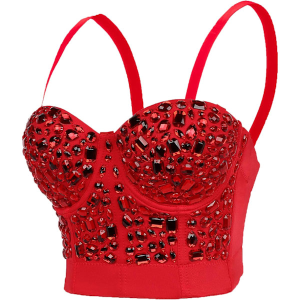 en's handgjorda strass diamant push up bustier crop top punk korsett bh väst #1 röd X-Small
