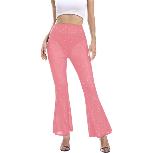 Rave Sheer Mesh Shiny Pants Flared High Waist Bell Bottom Pants för fest dans festival rosa medium