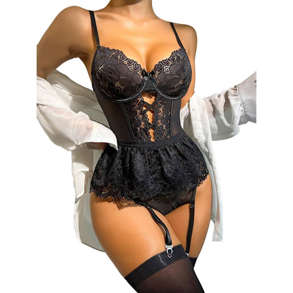 osy Sexig Blommig Mesh Spets Blad Korsad Strumpeband Body Push Up Mesh Genomskinlig Babydoll Underkläder Strumpa Hjärta Stor