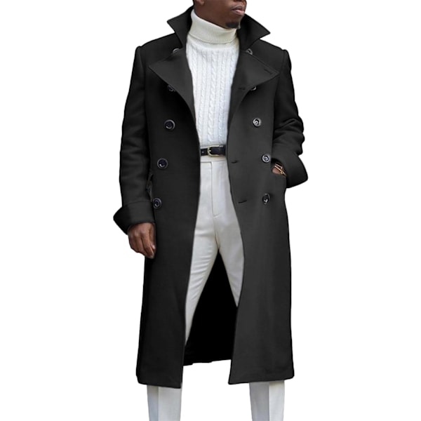 THRON Herr Casual Trenchcoat Slim Fit Notch Krage Lång Jacka Overcoat Enkelknäppt Peacoat med Fickor D-svart Liten