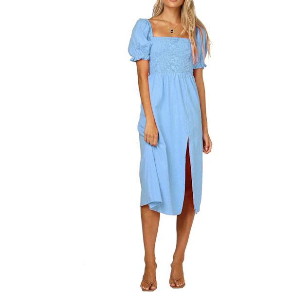 ivimos Sommarklänning för kvinnor Bomull Rutig Puffärmar Avslappnad Off-Shoulder Boho Sidoslitsad Midiklänning Skyblue Liten