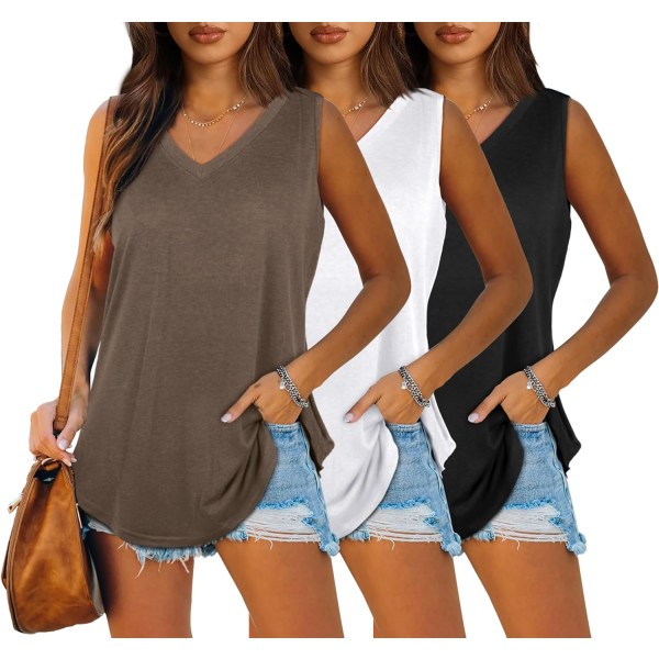 EFAN Dam Tank Tops V-hals Sommartoppar Lös Passform Ärmlös Toppar 2Pack/3Pack 3 Pack Kaffe/B X-Large