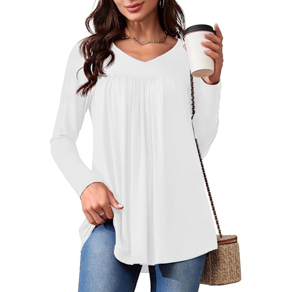 LASI Dam långärmad tunika toppar V-ringning casual dressy T-shirts lös passform att bära med leggings blusar höst toppar för kvinnor 01 vit liten