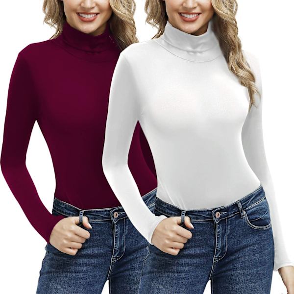 2-pack dam långärmad svart mock turtleneck pullover stretch slim lager topp