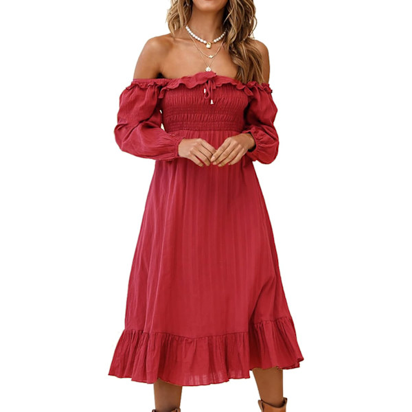 ivimos Dam Linen Höst Långärmad Randig Volang Boho Casual A-Linje Flytande Midiklänningar Bourgogne Liten