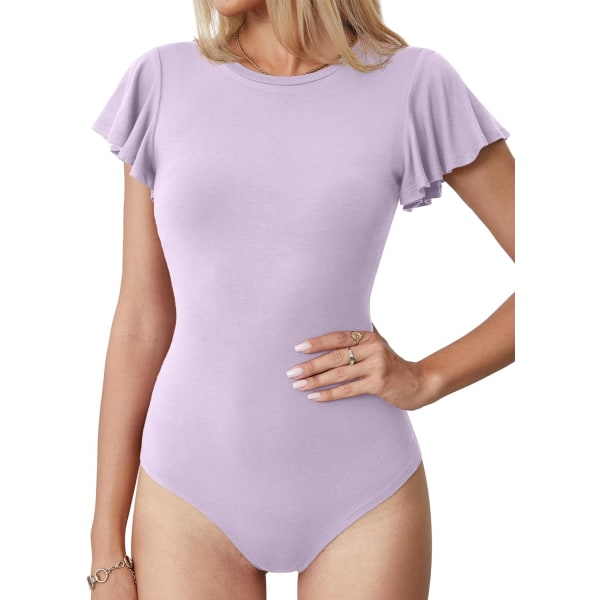 LASI Body med rund hals för kvinnor volang Kortärmad Slim Fit Casual Basic Stretchig kroppsoverall Daglig Jumpsuit T-shirts 03 Lavendel 3X-Large