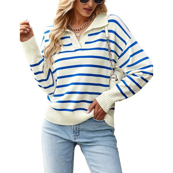 en Randig pullover tröja polo V-ringning casual lös färgblock lätt långärmad stickad höst skjortor toppar blå stor