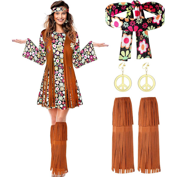 Hippie-kostymset med fredsteckensörhängen, halsband, pannband, klänning och ankelstrumpor i svart blommigt mönster, vuxenstorlek (liten)