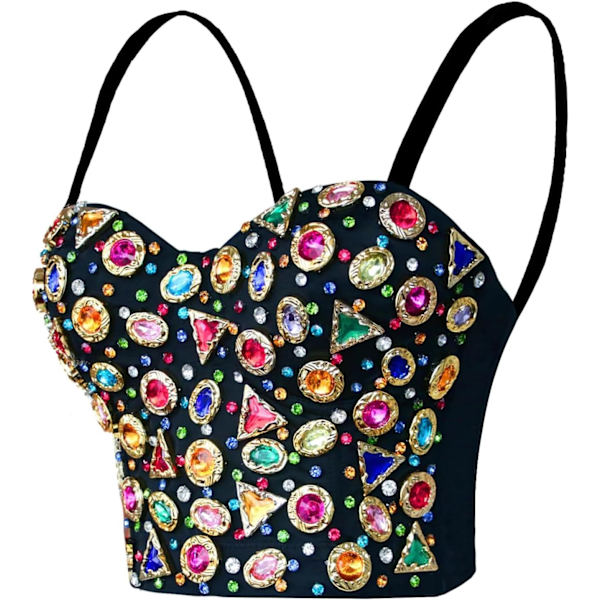 kiss Damkläder Färgglada Strass Diamant Bustier Crop Top Push Up Fest Retro Gem Korsett Topp Väst Svart Svart X-Small