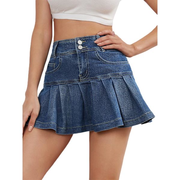 dusa Dam Y2K Volangfåll Hög Midja Kort A-linje Flared Denimkjol Mörkblå Stor