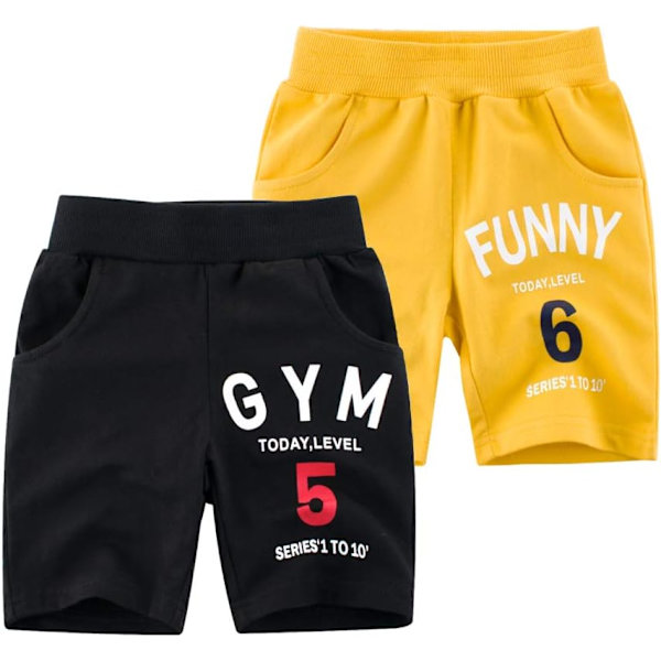 Xiang 2-pack stickade sportsshorts för pojkar och flickor, mjuka shorts med dragsko för småbarn och bebisar, svarta och gula, 2T