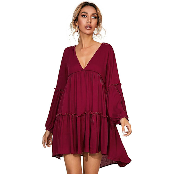 ivimos Dam långärmad bomull volanger djup V-ringning rygglös casual swing miniklänningar Bourgogne X-Large