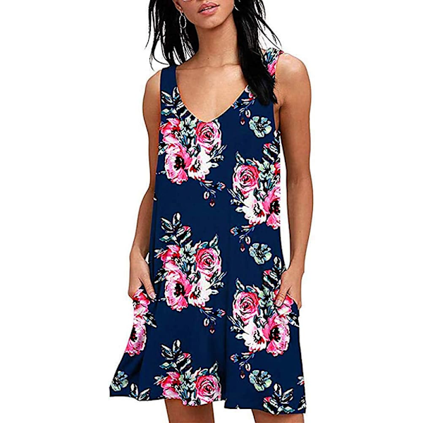 at Dam Sommarklänningar Strand Casual T-shirt Plus Size Blommig Kortärmad Lös Flytande Sommarklänningar Style1-djup Blå XX-Large