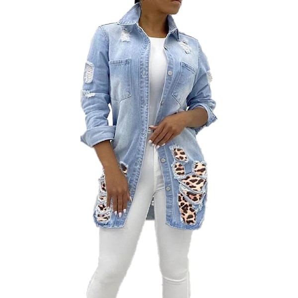 emuho Dam Classic Long Jean Jacka Plus Size Lös Långärmad Knapp Ned Denim Jacka Trenchcoat Ljusblå X-Large