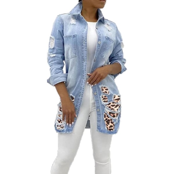 emuho Dam klassisk lång jeansjacka Plus Size Lös långärmad jeansjacka med knäppning Trench Coat Ljusblå XX-Large