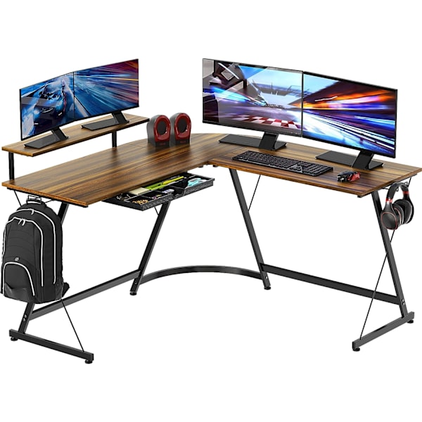 Gaming L-format skrivbord med bildskärmsstativ, valnöt valnöt