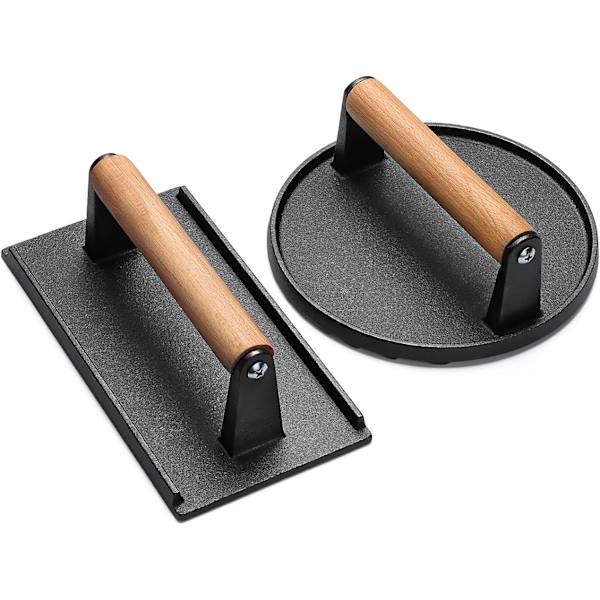 EN Burger Press, 7\" Rund & 8.2\"X4.3\" Rektangulär Gjutjärnspress för Smash Bacon Press Köttbiff med Trähandtag för Stekhäll, Sandwich, Nonstick Pan