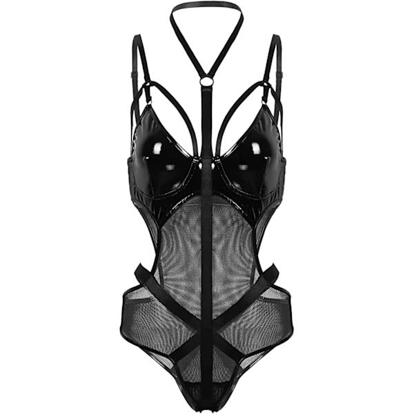 lamr Dam Wet Look Lingerie Set, Rygglös Läder Bodysuit Metall Tassel Kedja Nattkläder Clubwear Svart D Stor
