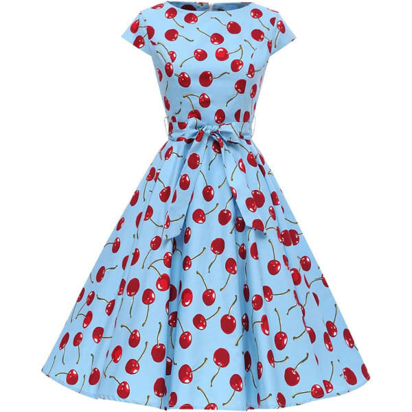sv Vintage Rockabilly Polka Dots från 1950-talet Audrey Hepburn Swing Tea Cap-sleeve Dress Cocktail 50-tals 60-tals födelsedagsfestklänning Blue-cherry Large