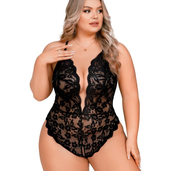 UYAB Plus Size Lingerie, Satin Bow, Back Heart Rhinestone, Plunge Teddy Black 20W