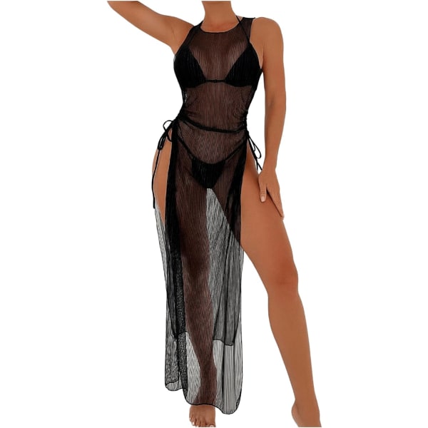 dusa Dam badkläder Mesh Cover Up Hög Split Dragsko Bikini Lång Klänning Svart Solid X-Large