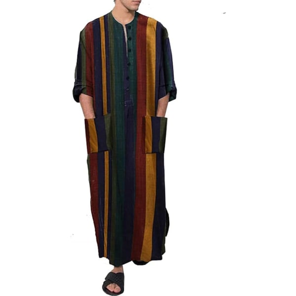 MVA Herr Muslim Klänningar Långärmad Randig Henley Skjortor Kaftan Muslim Lång Klänning Thobe Robe för Män Randig-b Medium