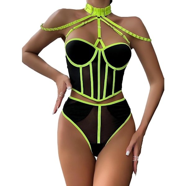 lamr Sexiga Damunderkläder Set 2 Delar Korsett Boudoir Konsertkläder För Kvinnor Behå Och Trosset Med Halsband Neon Grön och  Stor