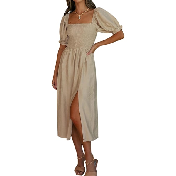 ivimos Sommarklänning för kvinnor Bomull Rutig Puffärmar Avslappnad Off-Shoulder Boho Sidoslitsad Midiklänning Khaki Stor