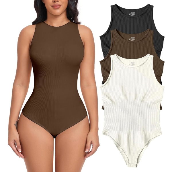 AR Dam Bodysuits 3-pack Ribbade Linnen Ärmlösa Sexiga En-delad Halterneck Shapewear Bodysuit Svart Kaffe Beige Liten